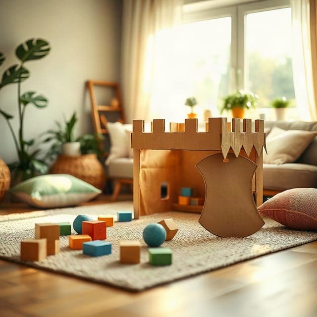 Salon halısında kartondan yapılmış küçük bir kale, ahşap bloklar ve karton bir kalkan