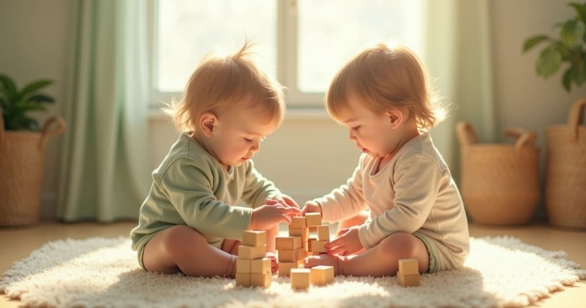Birlikte ahşap bloklarla oynayan iki çocuk
