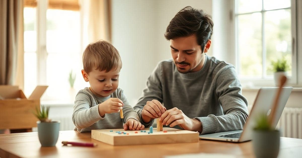 Bir ebeveyn ve enerjik bir çocuk birlikte odaklanmış bir etkinlik yapıyor