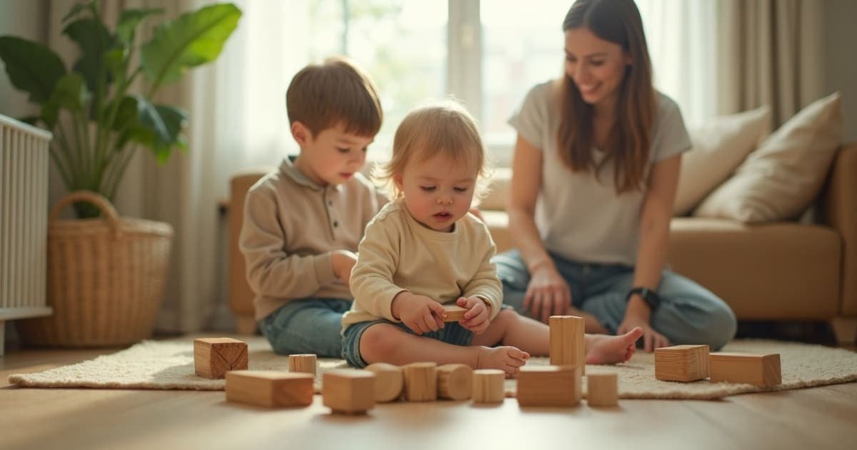 Evde çocuğuyla yerde ahşap oyuncaklarla oynayan ebeveyn