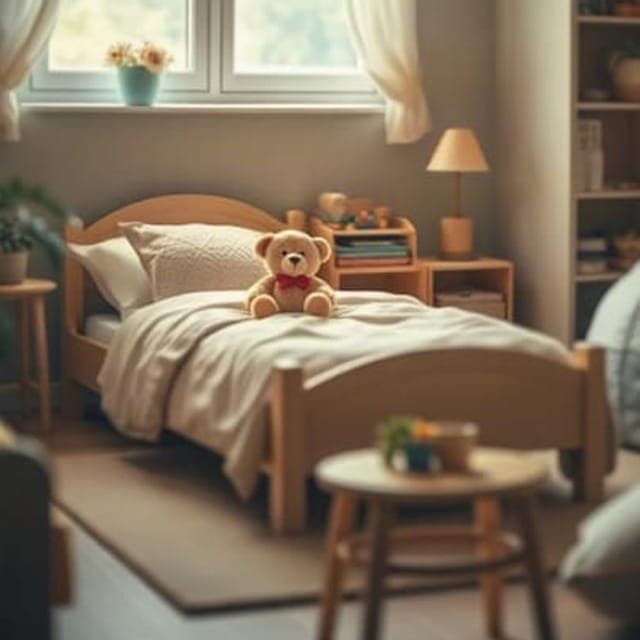 Yumuşak ışıklı bir çocuk odası; yatağın üstünde oturan oyuncak ayı ve başucu lambası