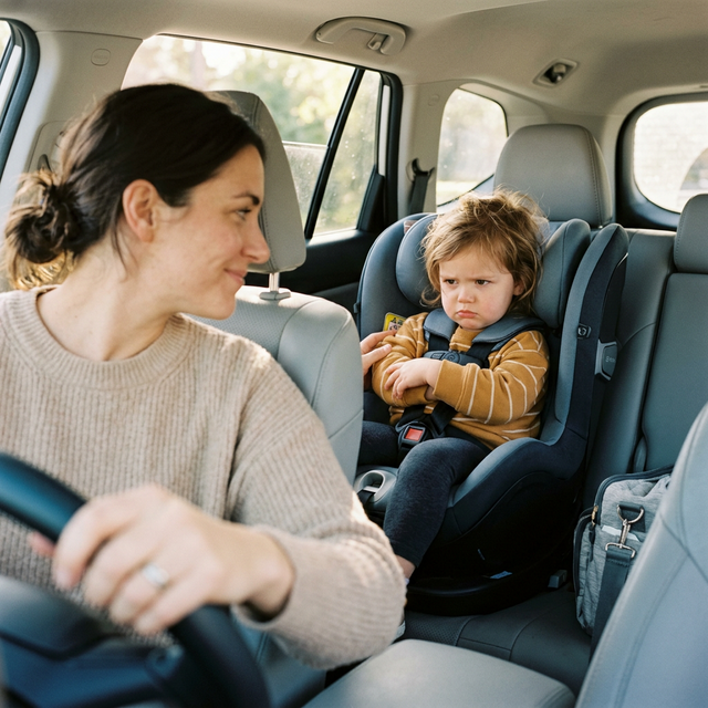 Araba koltuğunda rahatsız olan çocuk ve sabırlı ebeveyn