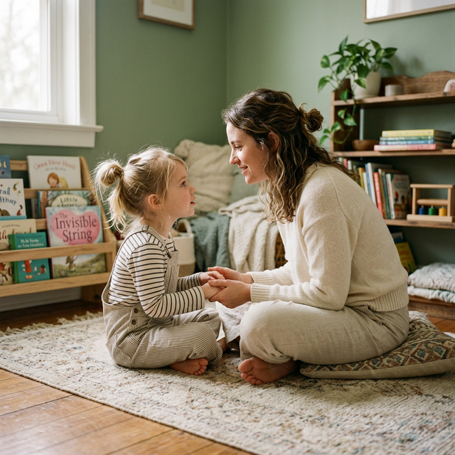 Çocukla göz hizasında sakin konuşan ebeveyn - bağlantı odaklı disiplin