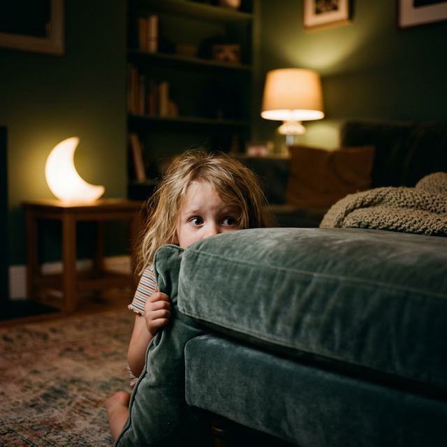 Karanlıkta kanepe arkasından bakan korkmuş çocuk - gelişimsel korku dönemi