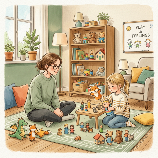 Oyun terapisi odasında gelişim gösteren çocuk