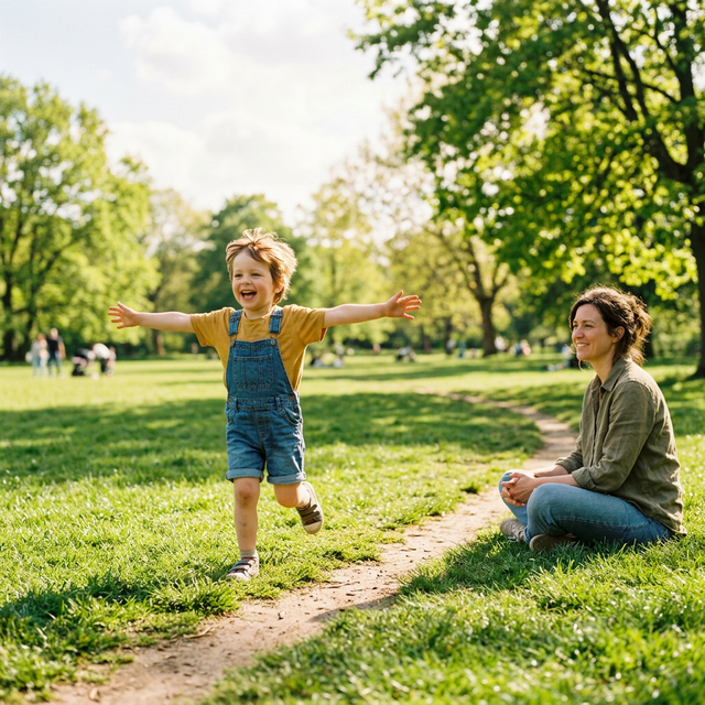 Parkta özgürce koşan mutlu çocuk - risk alma ve kendine güven