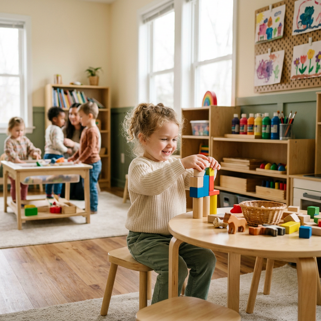 Kreşte bağımsız oynayan mutlu çocuk - kreşe hazırlık işaretleri