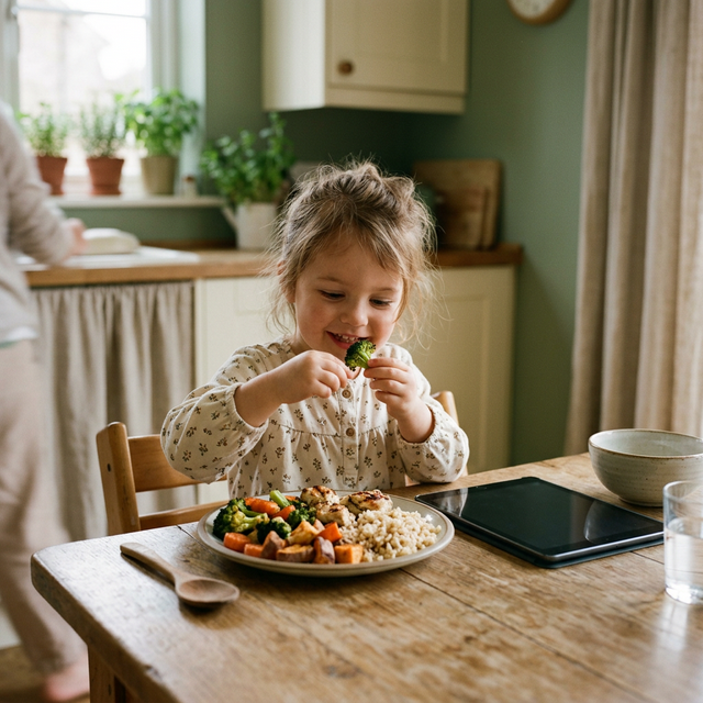 Tabletsiz sağlıklı yemek yiyen çocuk - bilinçli beslenme alışkanlığı